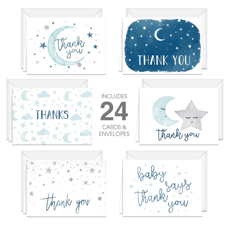 Canopy Street Starry Delight Thank You Cards / 24 Baby Shower Thank You Cards / 6 Night Sky Appreciation Greeting Card Designs / 3 1/2" x 4 7/8" New Baby Gratitude Note Cards/Made In The USA - Image 1
